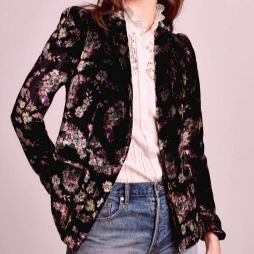 Rebecca Taylor Jewel Black Floral Velvet Jacket Blazer Size 4